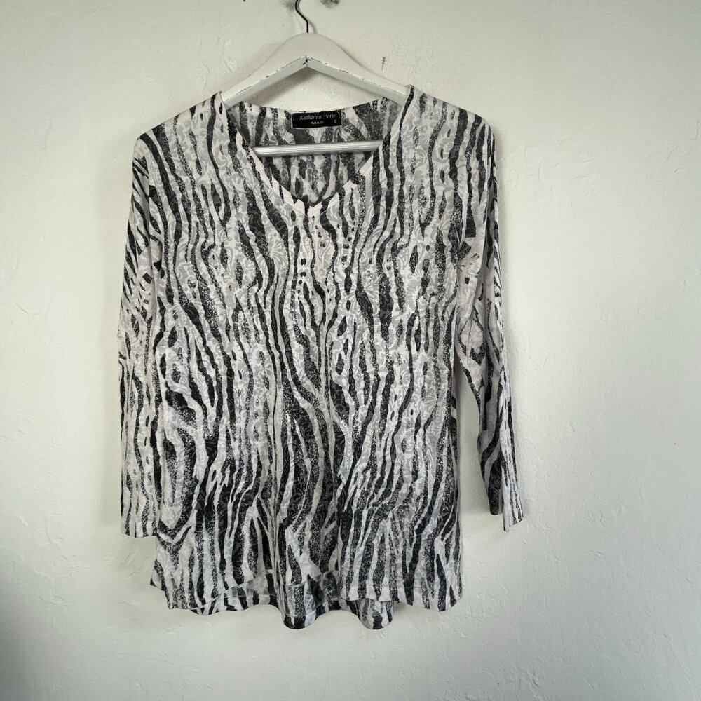 Katharina Marie Womens Long Sleeve Black & White Zebra Print V-Neck Top Large